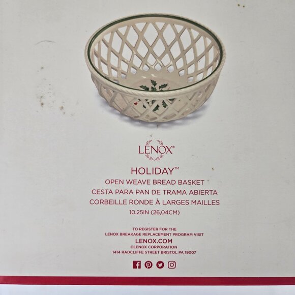 Lenox Holiday Open Weave Bread Basket Porcelain Cream Holly & Berries IOB - Picture 9 of 12